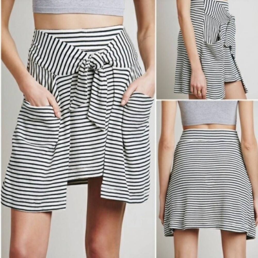 Free People All Tied Up Skirt Black White Cotton Waffle Weave Medium